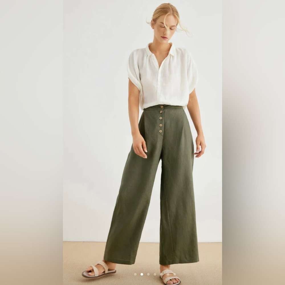 NWT Grae Cove Thalia 100% Linen Button-Fly Palazzo Pants Size Large